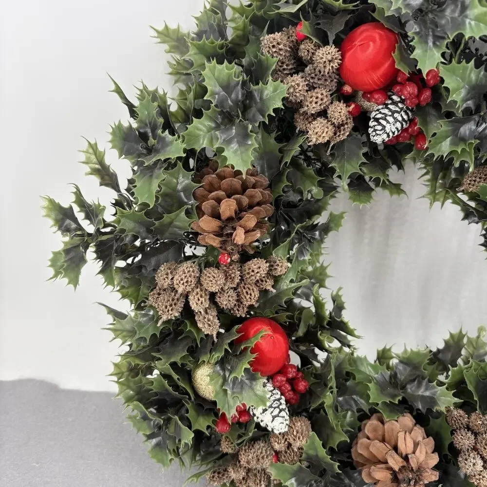 Vintage Holiday Christmas Door Wreath Plastic Evergreen Leaves Holly Berries MCM